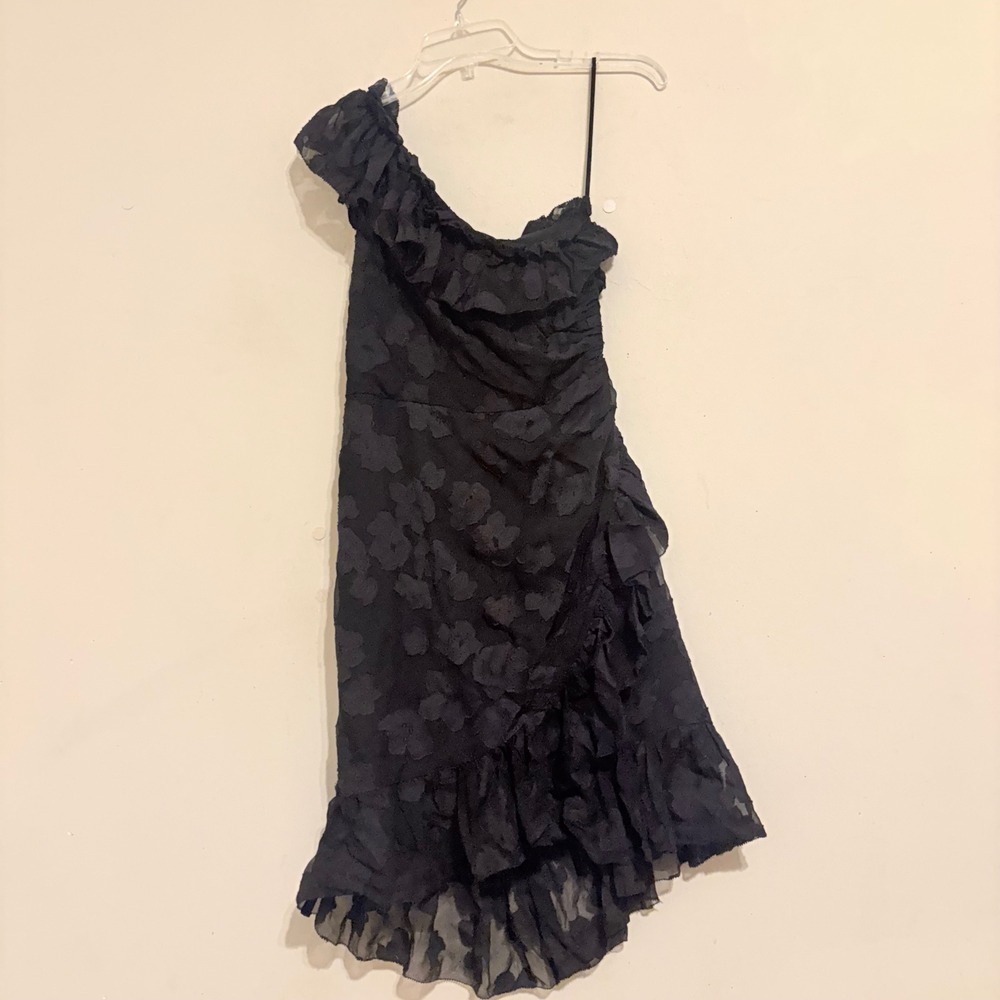 Ulla Johnson Black Silk Floral One Shoulder Ruffle Mini Dress Size 2 - Picture 3 of 15
